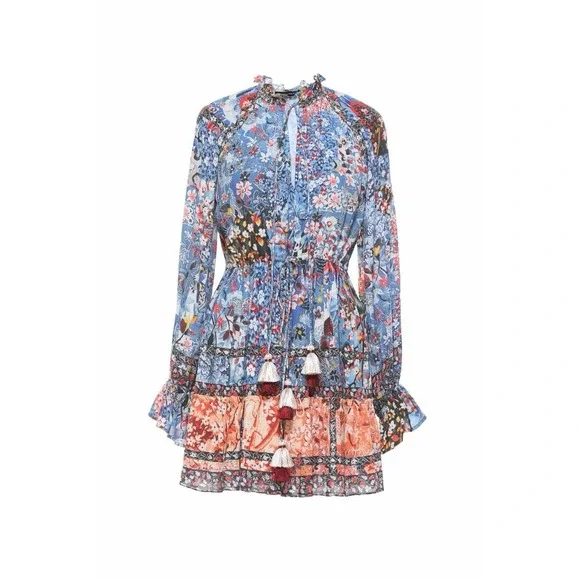 NEW Hemant & Nandita Blue Floral Mini Dress Boho Bohemian Peasant Long Sleeve M - Picture 15 of 15